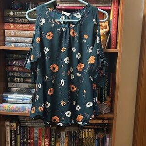 Sienna Sky Teal Floral Cold-Shoulder Blouse with Orange & White Flowers